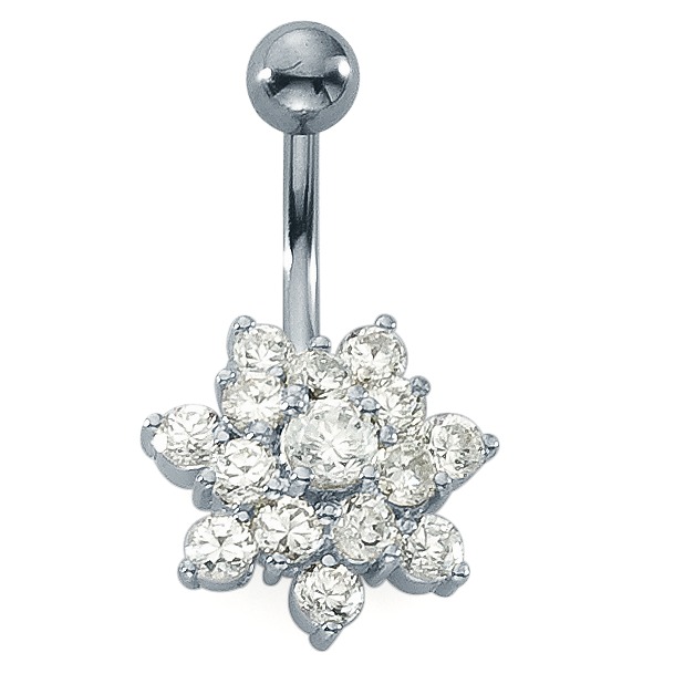 URECH Damen Bauchpiercing Edelstahl Zirkonia weiss, 15 Steine Blume Ø15 mm von URECH