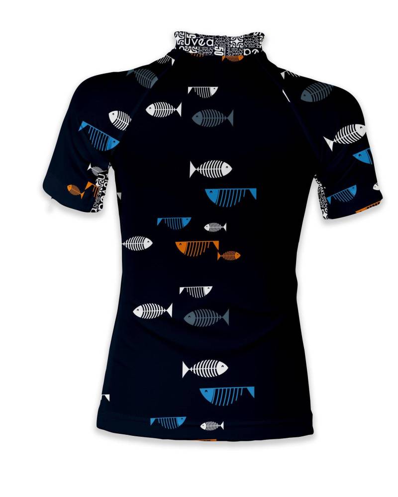 Kinder Upf 50+ Badeshirt Kurzarm Big Fish Navy Unisex Blau 116-122 von Uvea