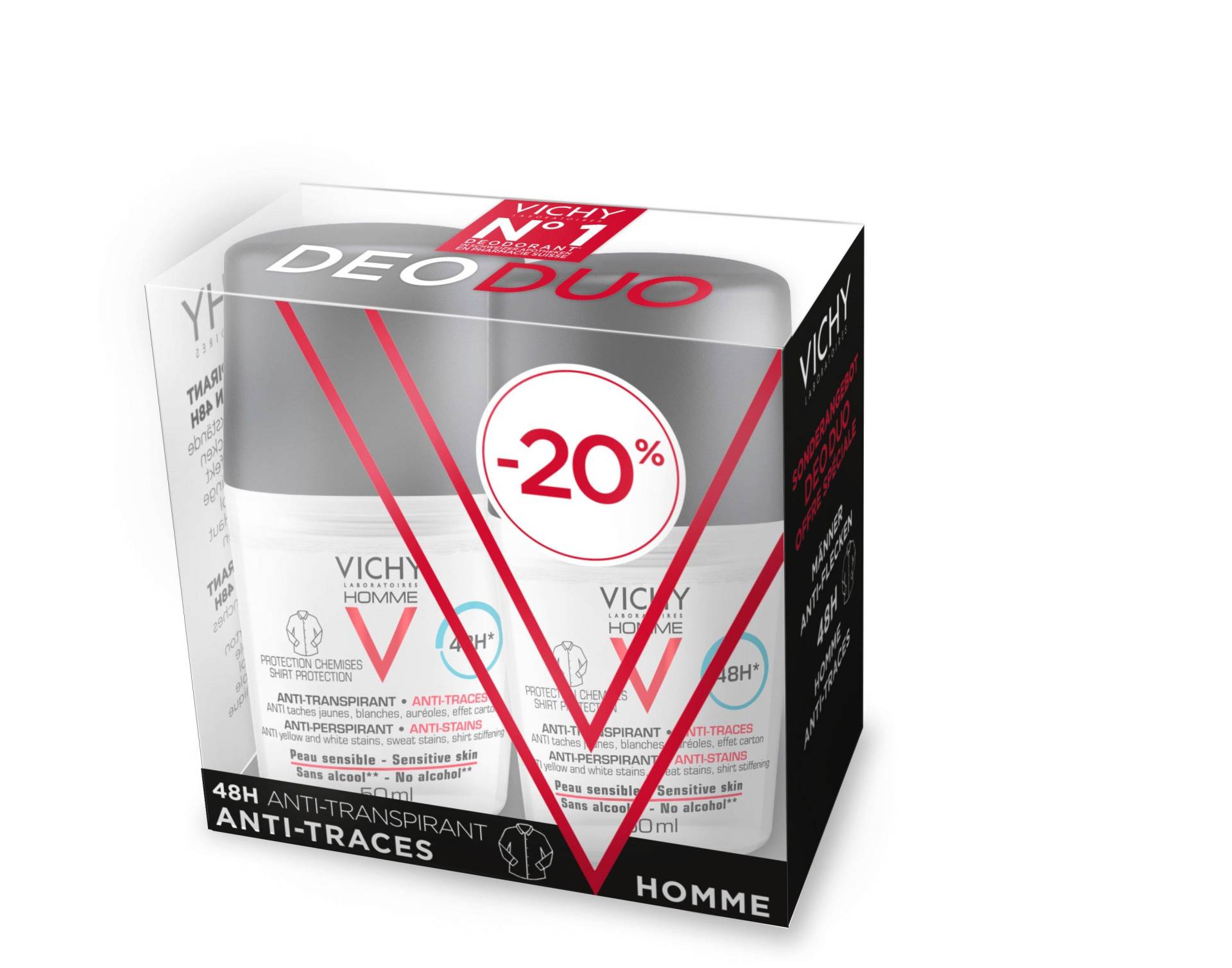 Homme Deodorant Anti-flecken 48h Roll-on, Duo Damen Multicolor 2X50ML von VICHY