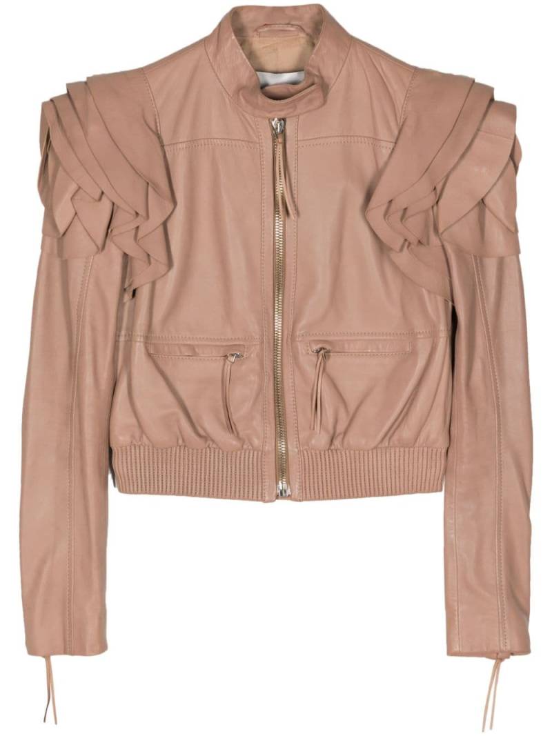 Valentino Garavani Pre-Owned 2010 ruffle-trim leather jacket - Neutrals von Valentino Garavani Pre-Owned