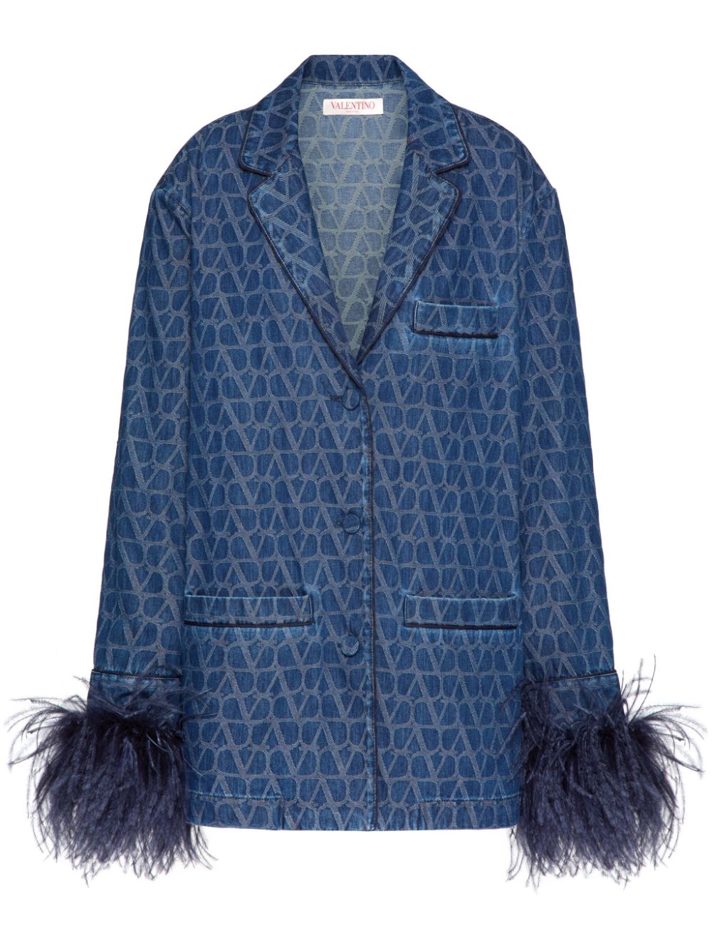 Valentino Garavani Toile Iconographe feather-trim denim jacket - Blue von Valentino Garavani