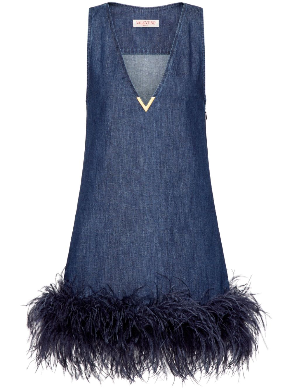 Valentino Garavani feather-trim denim dress - Blue von Valentino Garavani