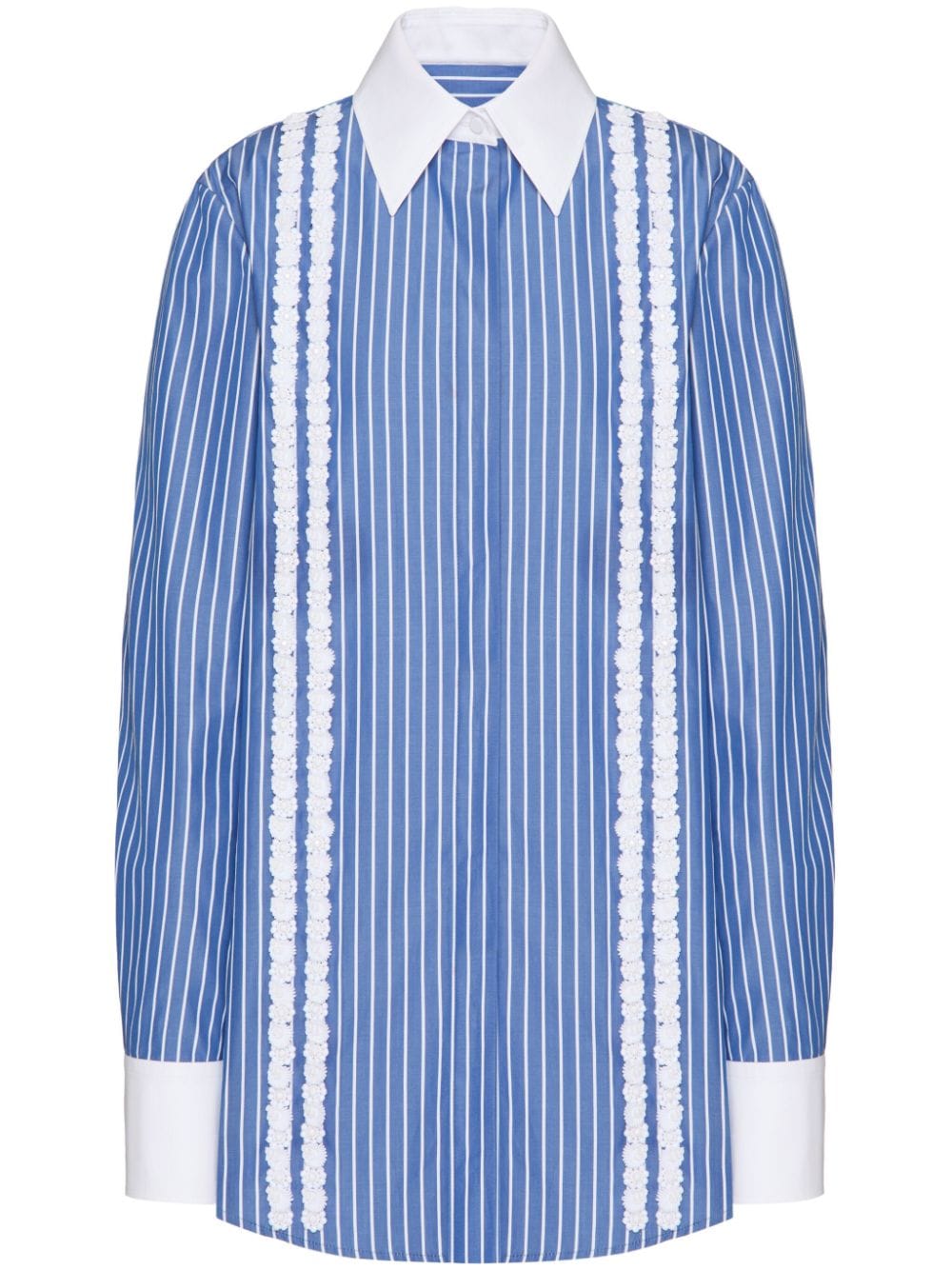 Valentino Garavani floral-trim stripe-print cotton shirt - Blue von Valentino Garavani