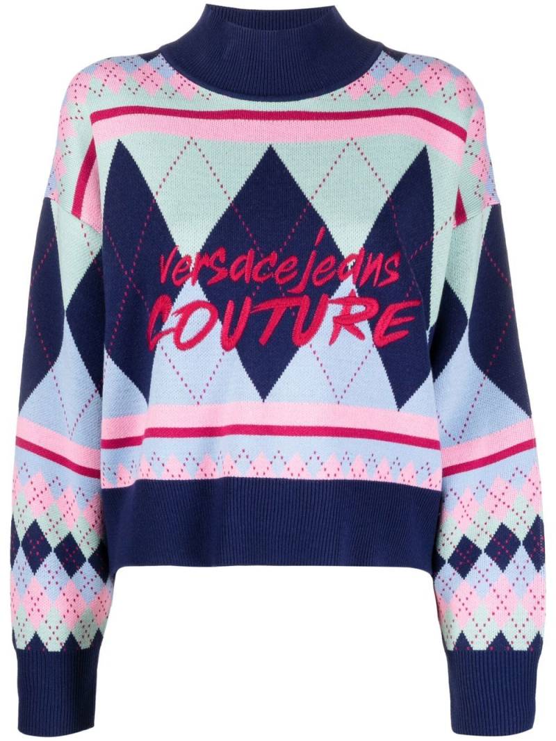 Versace Jeans Couture argyle-knit logo-embroidered jumper - Blue von Versace Jeans Couture