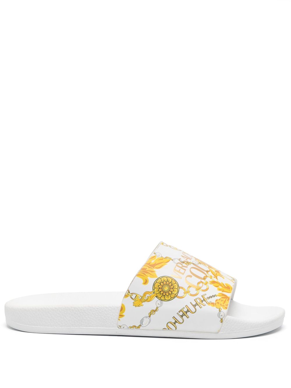 Versace Jeans Couture logo-print baroque-pattern slides - White von Versace Jeans Couture