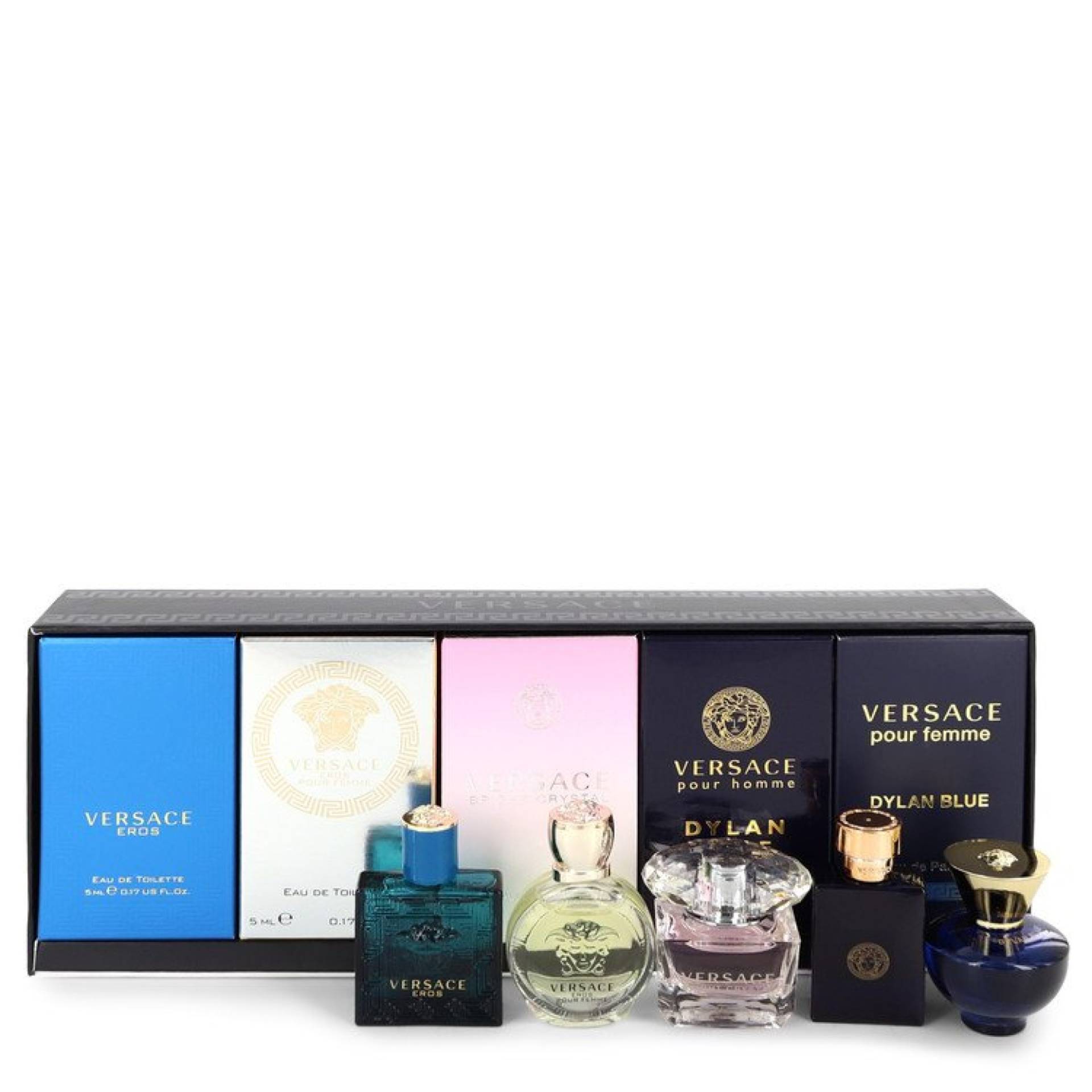 Versace Eros Gift Set -- The Best of  Men's and Women's Miniatures Collection Includes  Eros,  Pour Homme Dylan Blue,  Pour Femme Dylan Blue, Bright Crystal and  Eros Pour Femme von Versace