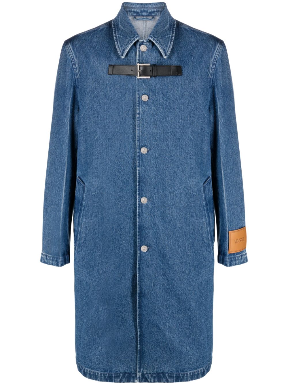 Versace logo-patch denim midi coat - Blue von Versace