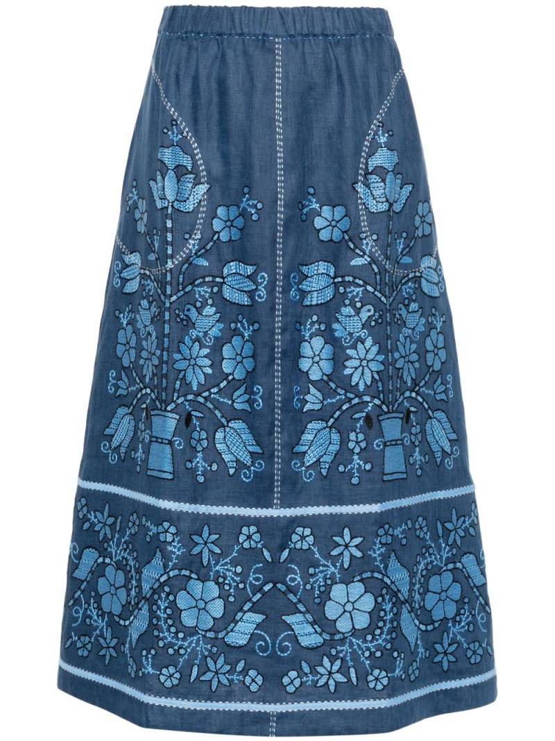 Vita Kin floral-embroidered linen midi skirt - Blue von Vita Kin