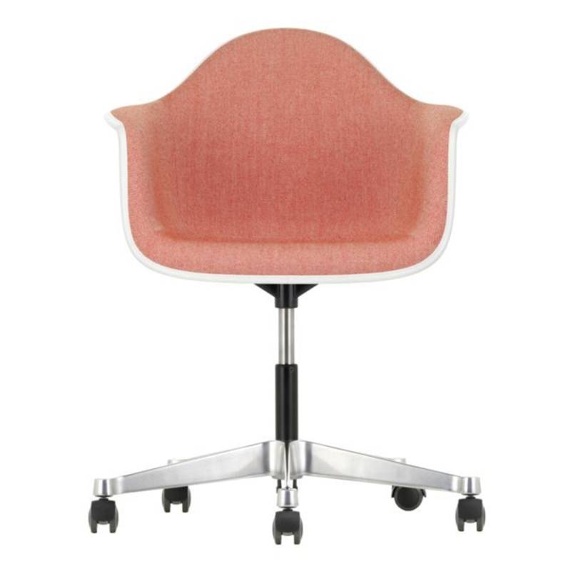 Eames Plastic Armchair Chair RE PACC Vollpolster Bürodrehstuhl, Sitzschale RE poppy red re, Stoff Hopsak F60 gelb/elfenbein, Keder weiss, Rollen ro... von Vitra