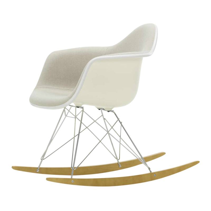 Eames Plastic Armchair RE RAR Vollpolster Schaukelstuhl, Sitzschale RE cotton white re, Stoff Hopsak F60 nero/elfenbein, Keder weiss, Drahtunterges... von Vitra