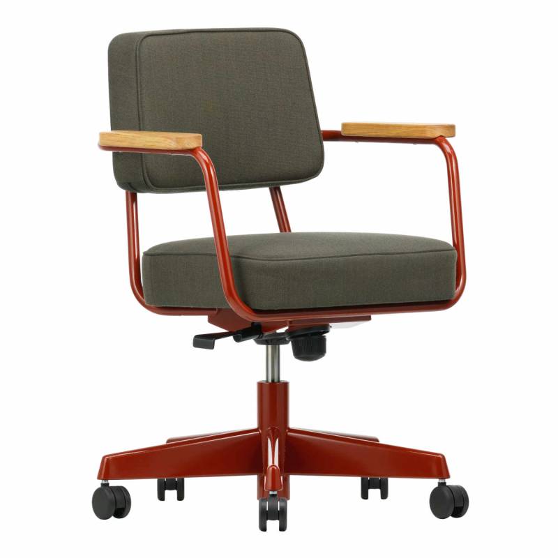 Fauteuil Direction Pivotant Bürodrehstuhl, Bezug stoff twill 13 hellrot, Armlehne eiche natur massiv geölt, Untergestell bleu marcoule pulverbeschi... von Vitra