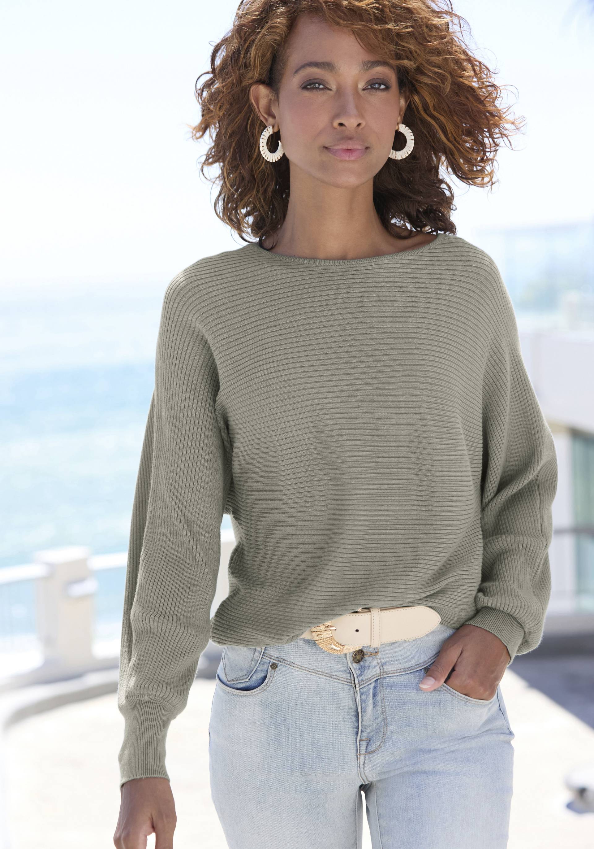 Vivance Strickpullover, mit U-Boot-Ausschnitt, Fledermausärmel, Streifenoptik, Oversize von Vivance