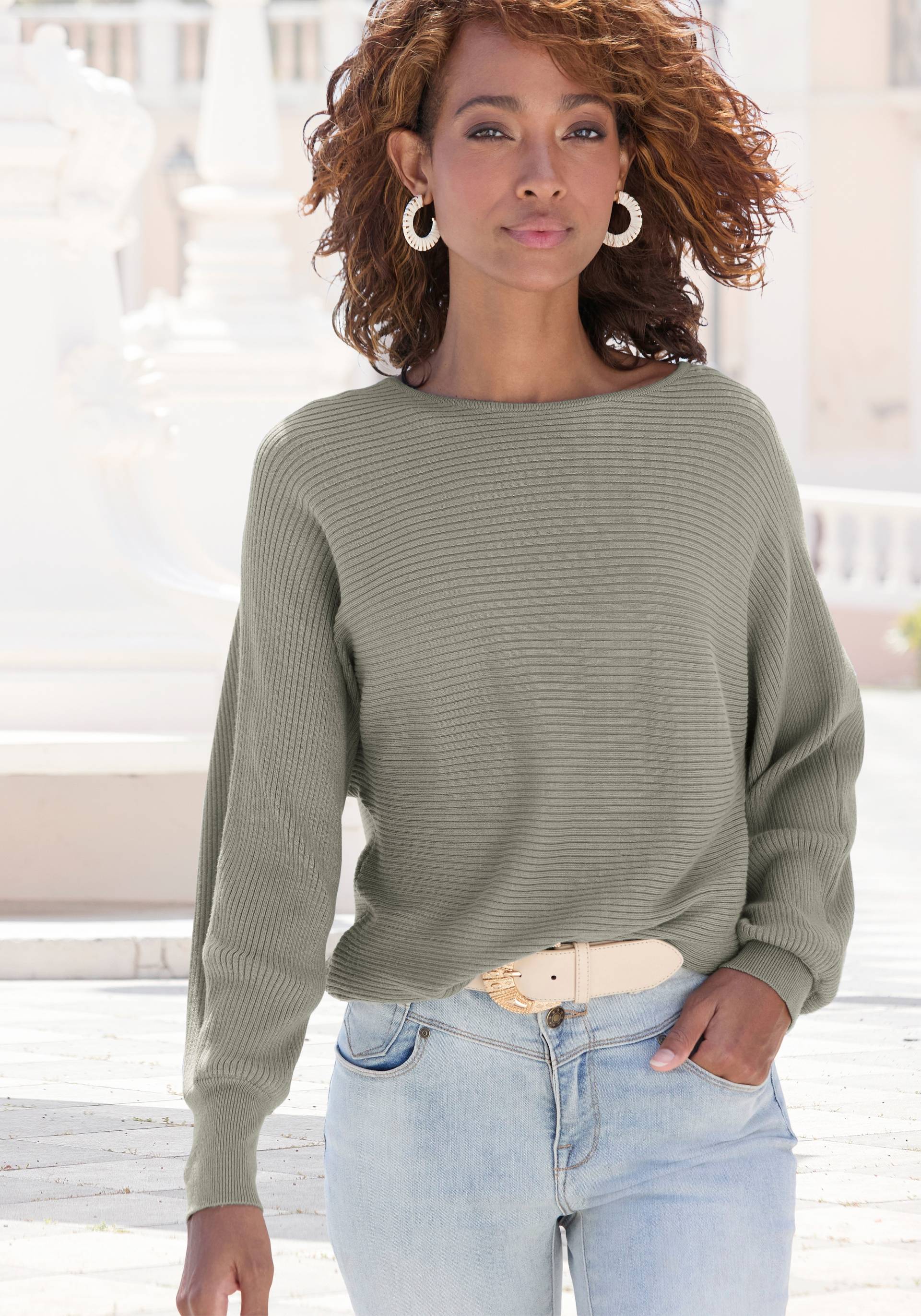 Vivance Strickpullover, mit U-Boot-Ausschnitt, Fledermausärmel, Streifenoptik, Oversize Vivance Strickpullover, mit U-Boot-Ausschnitt, Fledermausärmel, Streifenoptik, Oversize von Vivance