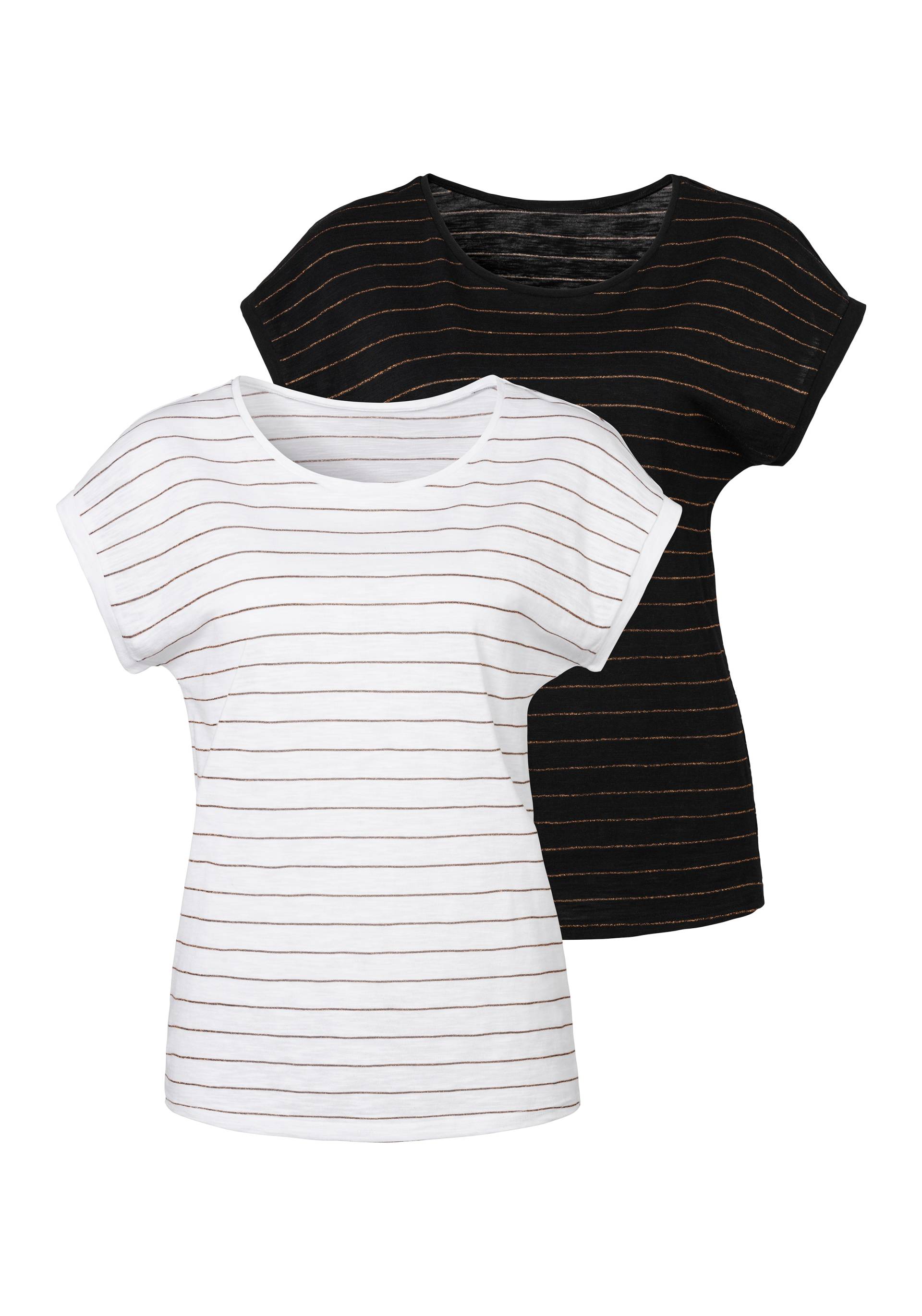 Vivance Rundhalsshirt »mit kupferfarbenen Lurex-Streifen«, (2er-Pack), aus weicher Baumwoll-Qualität von Vivance
