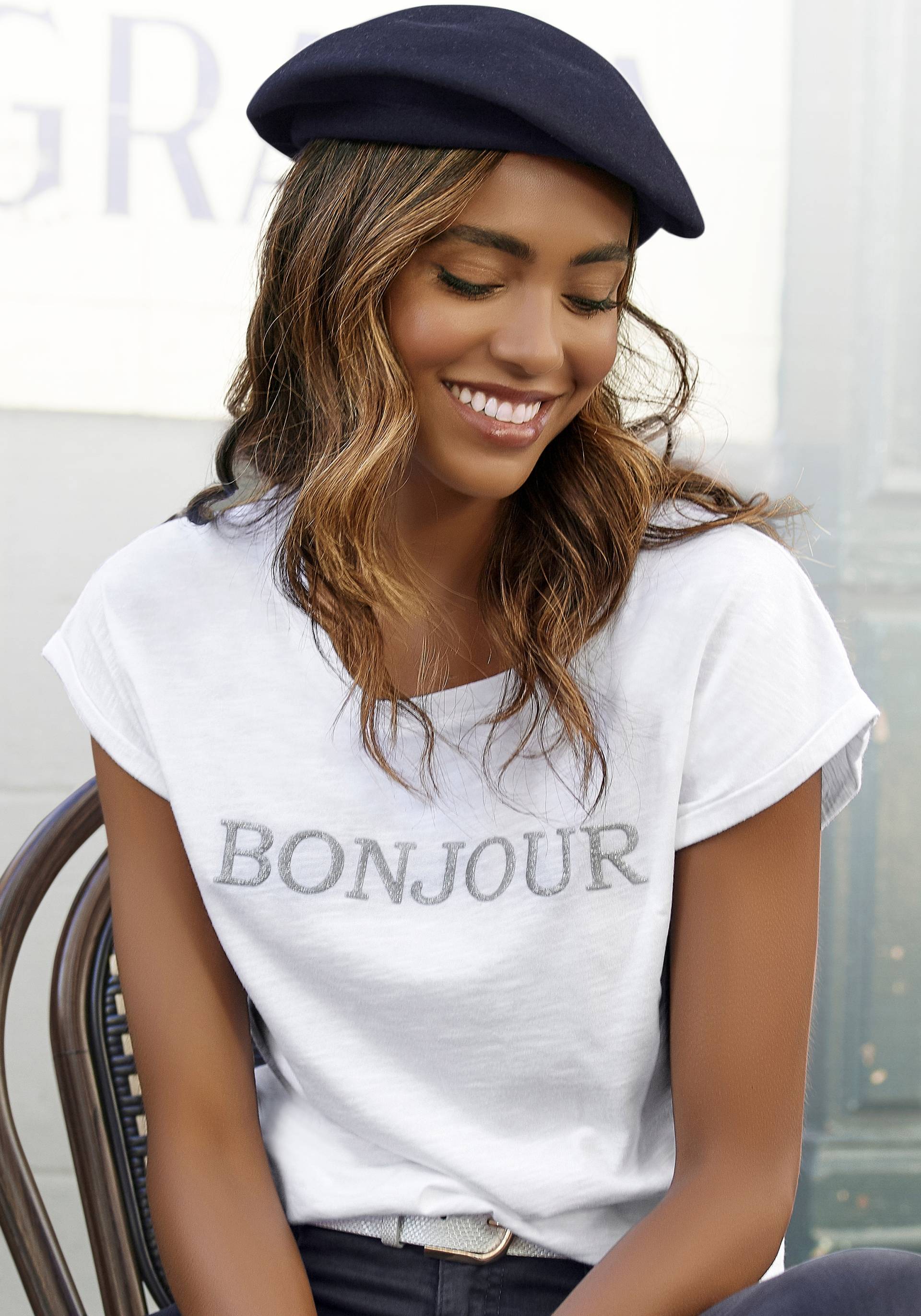 Vivance T-Shirt »mit Frontdruck "Bonjour"«, aus weicher Baumwoll-Qualität von Vivance