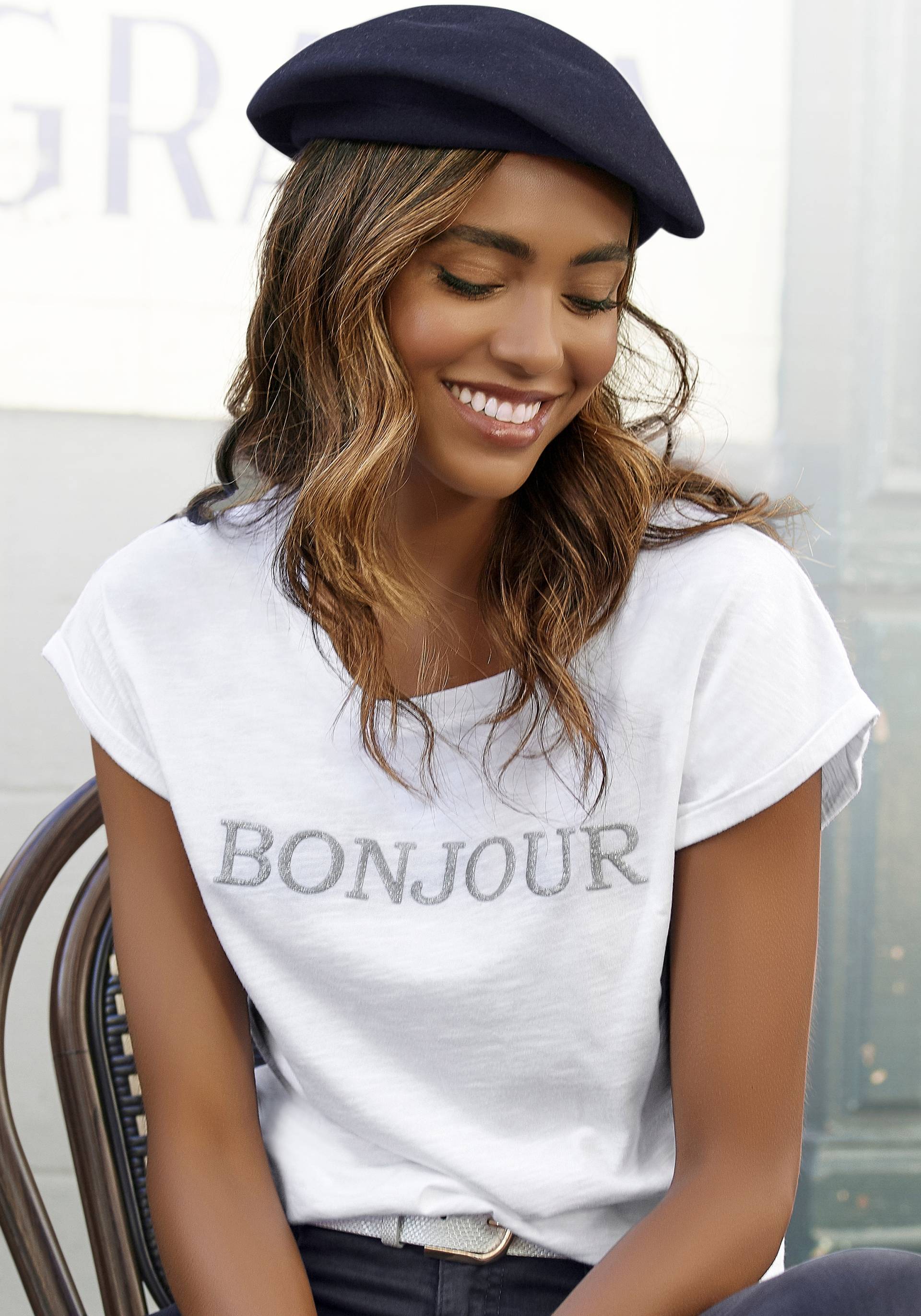 Vivance T-Shirt »mit Frontdruck "Bonjour"«, aus weicher Baumwoll-Qualität Vivance T-Shirt »mit Frontdruck "Bonjour"«, aus weicher Baumwoll-Qualität von Vivance