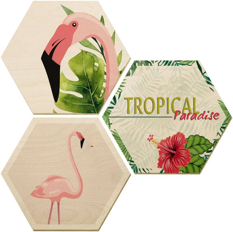 Wall-Art Holzbild »Flamingo 03«, (Set, Dekorative Wanddekoration), Holzposter Collage von Wall-Art