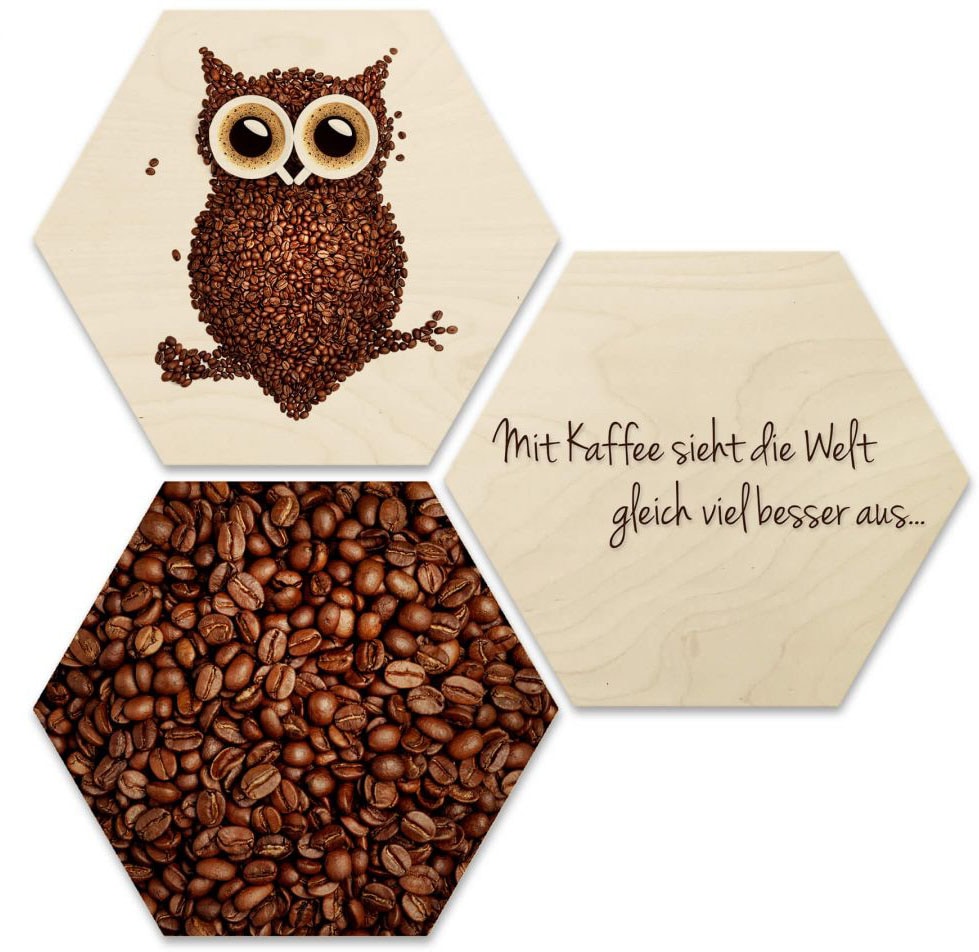 Wall-Art Mehrteilige Bilder »Collage Kaffee Eule Holzdeko«, Flughafen, (Set, 3 St.), Holzposter modern von Wall-Art