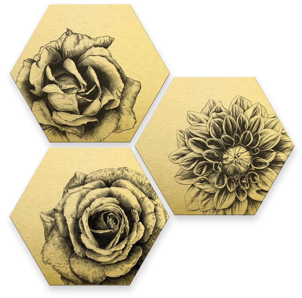 Wall-Art Mehrteilige Bilder »Florales Blumen Set Goldfarbeneffekt«, (Set, 3 St.), Metallschild Collage von Wall-Art