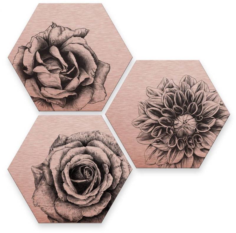 Wall-Art Mehrteilige Bilder »Florales Blumen Set Kupfer«, (Set, 3 St.), Metallschild Collage von Wall-Art