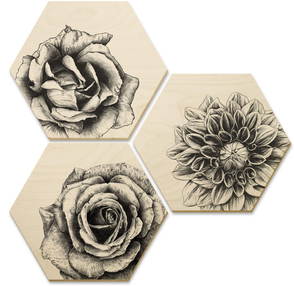 Wall-Art Mehrteilige Bilder »Hexagon Holzbilder Blumen Set«, (Set, 3 St.), Holzposter modern von Wall-Art