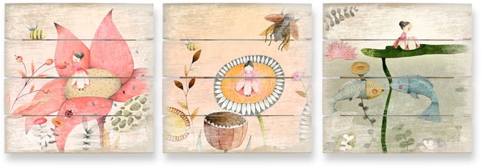 Wall-Art Mehrteilige Bilder »Kinder Märchen Däumelinchen Set«, (Set, 3 St.), Holzschild Collage von Wall-Art