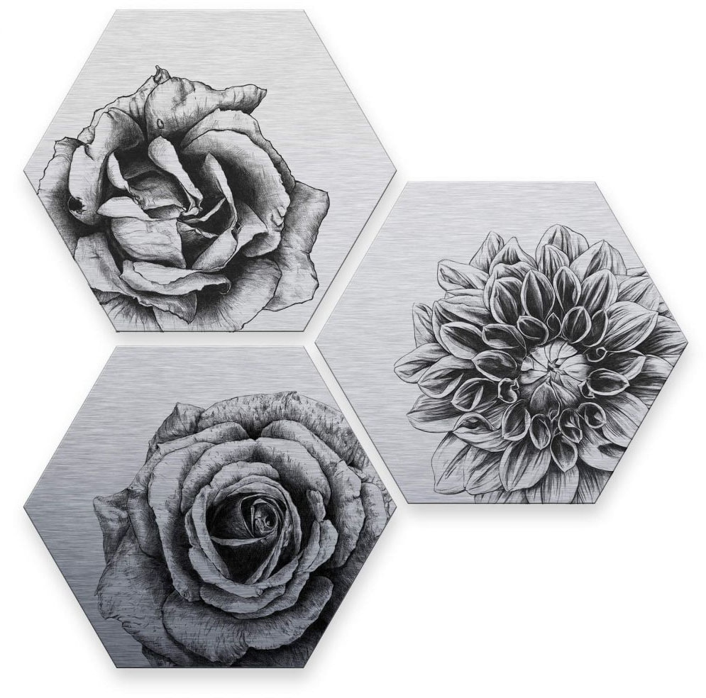 Wall-Art Mehrteilige Bilder »Silberfarbeneffekt Blumen Set«, (Set, 3 St.), Metallschild Collage von Wall-Art