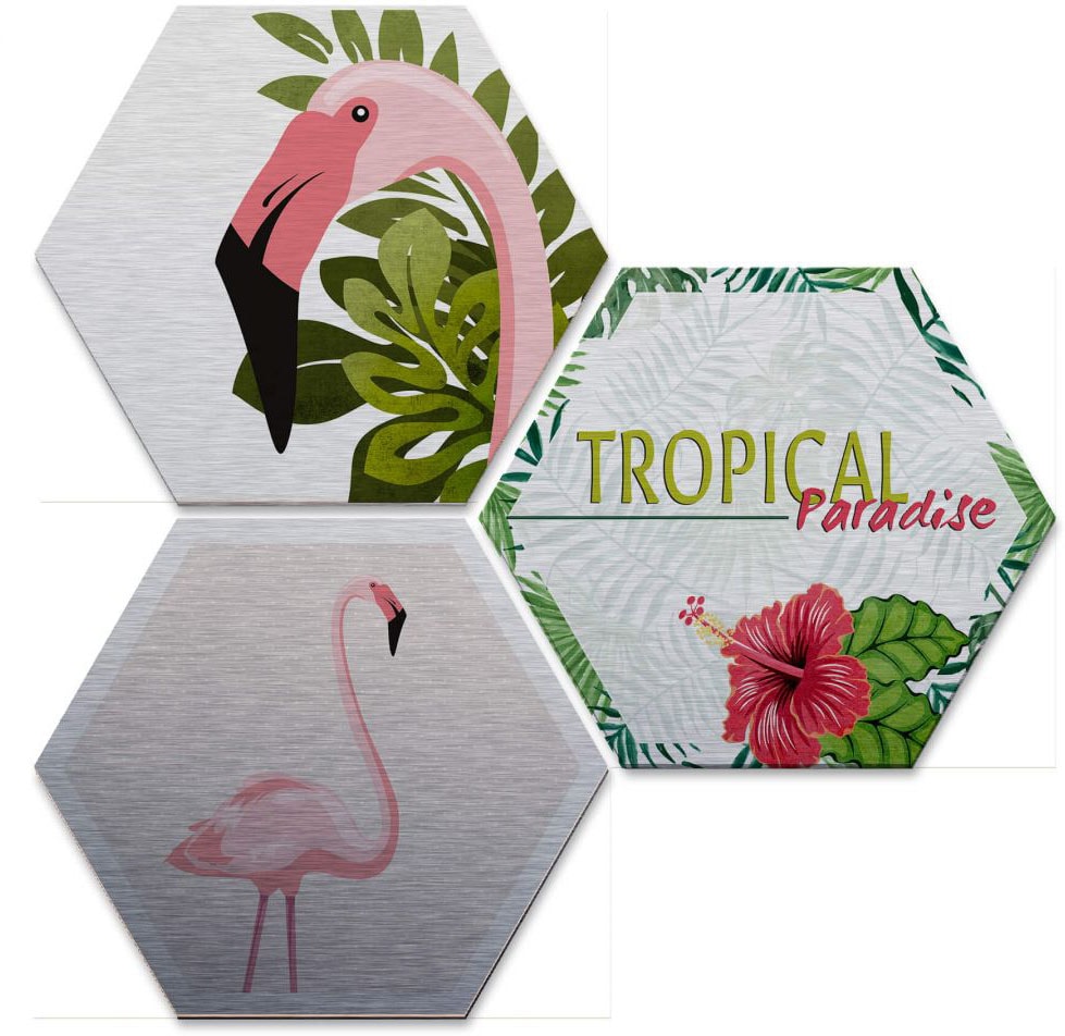 Wall-Art Mehrteilige Bilder »Silbereffekt Flamingo Set«, Grundriss, (Set, 3 St.), Metallschild Collage von Wall-Art