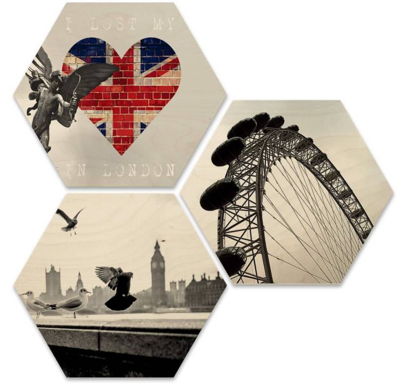 Wall-Art Mehrteilige Bilder »Typisch London Stadtbilder Set«, (Set, 3 St.), Holzposter modern von Wall-Art