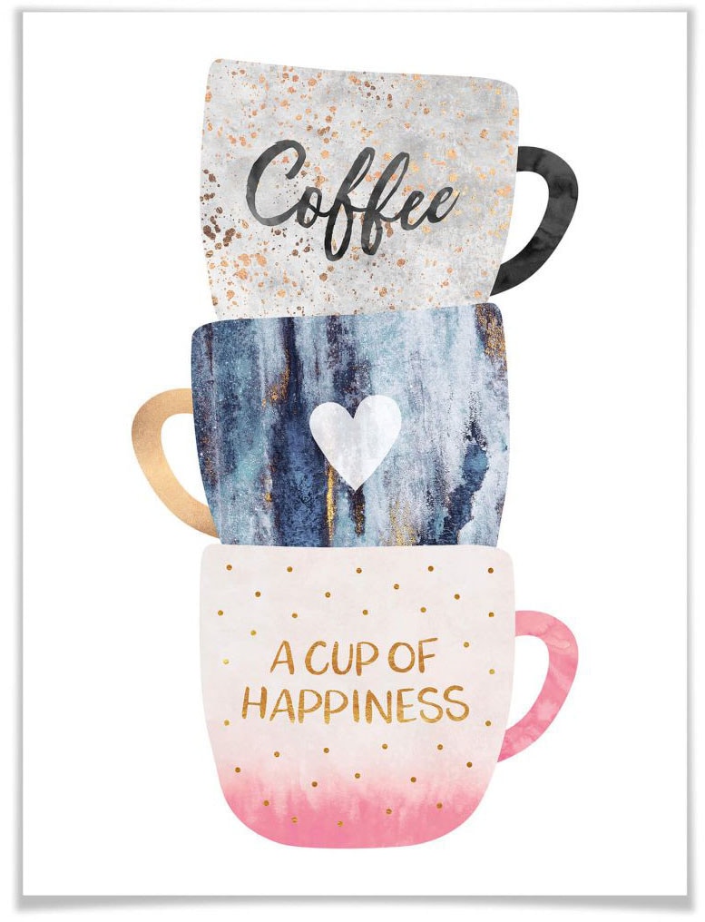 Wall-Art Poster »Kunstdruck Küche A cup of happiness«, Schriftzug, (1 St.), Poster ohne Bilderrahmen von Wall-Art