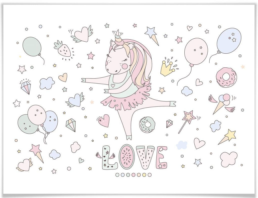 Wall-Art Poster »Ballerina Einhorn Kinder Party«, Kinder, (1 St.), Poster ohne Bilderrahmen von Wall-Art