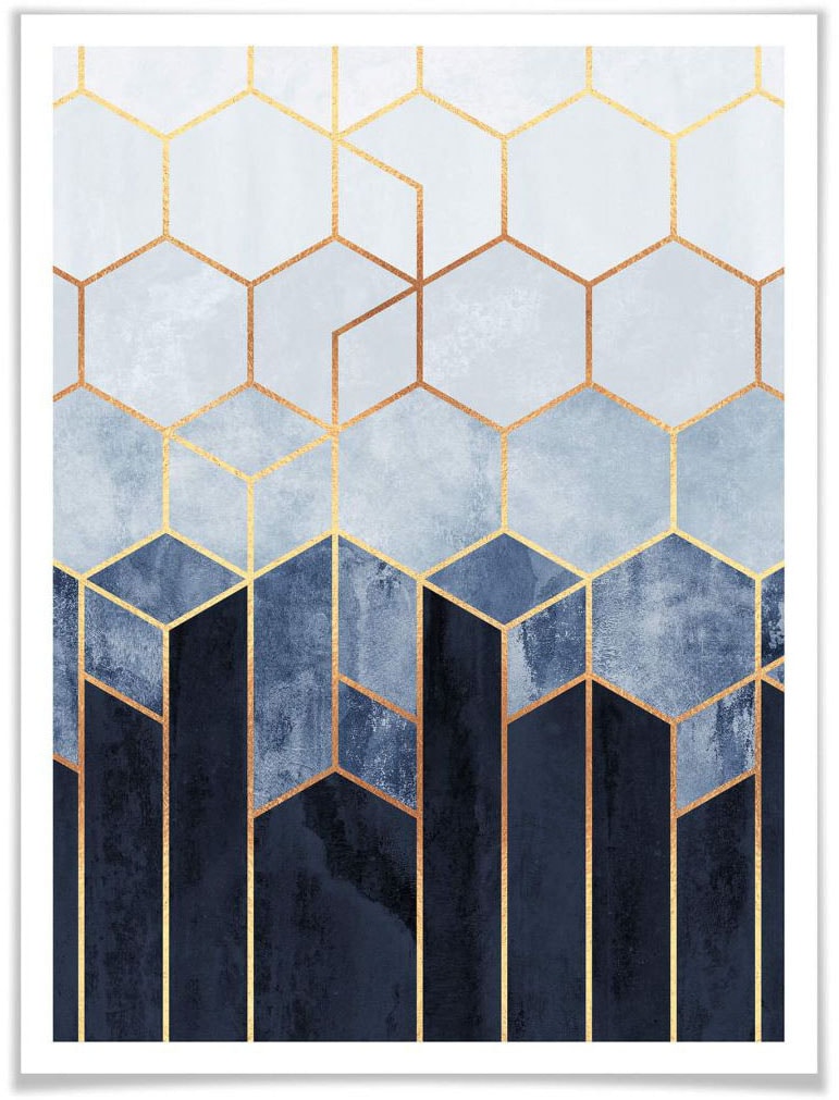 Wall-Art Poster »Hexagon Blau Weiss«, Schriftzug, (1 St.), Poster ohne Bilderrahmen von Wall-Art