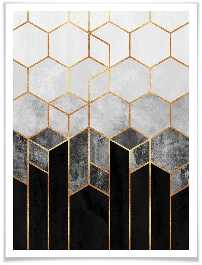 Wall-Art Poster »Hexagon Schwarz Grau«, Schriftzug, (1 St.), Poster ohne Bilderrahmen von Wall-Art