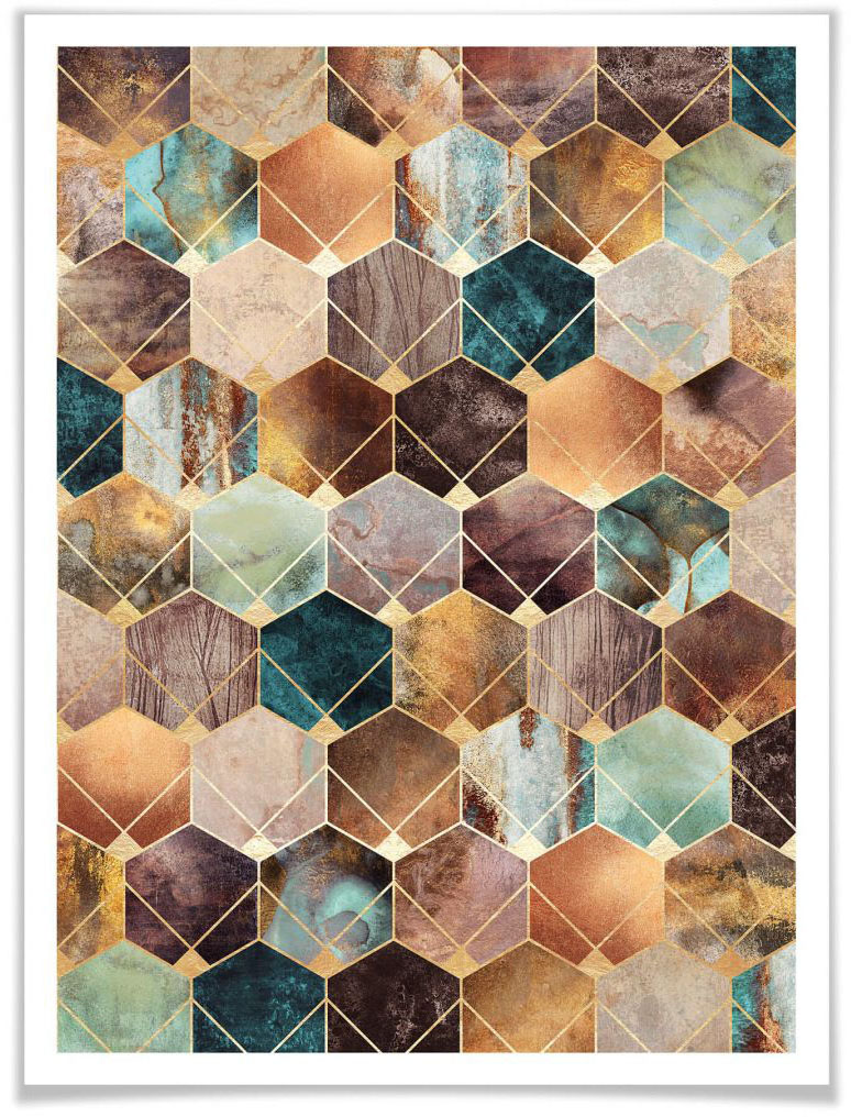 Wall-Art Poster »Hexagone Gold Kupfer«, Schriftzug, (1 St.), Poster ohne Bilderrahmen von Wall-Art