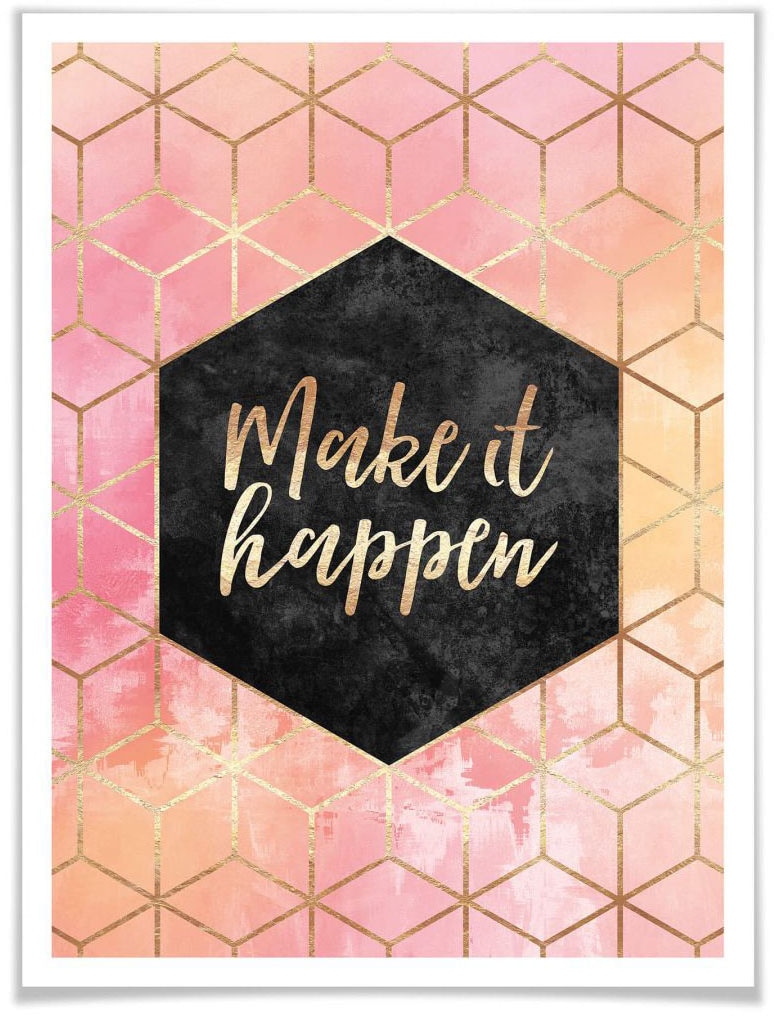 Wall-Art Poster »Make it Happen Gold«, Schriftzug, (1 St.), Poster ohne Bilderrahmen von Wall-Art