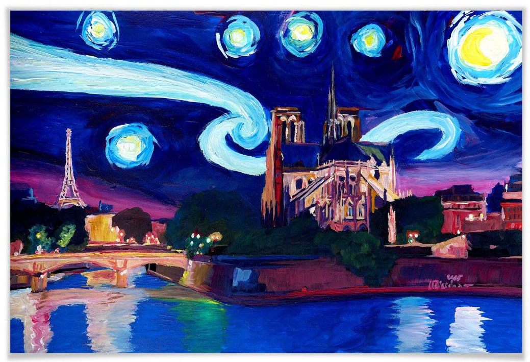 Wall-Art Poster »Van Gogh Stil Stadt Paris bei Nacht«, Stadt, (1 St.), Poster ohne Bilderrahmen von Wall-Art