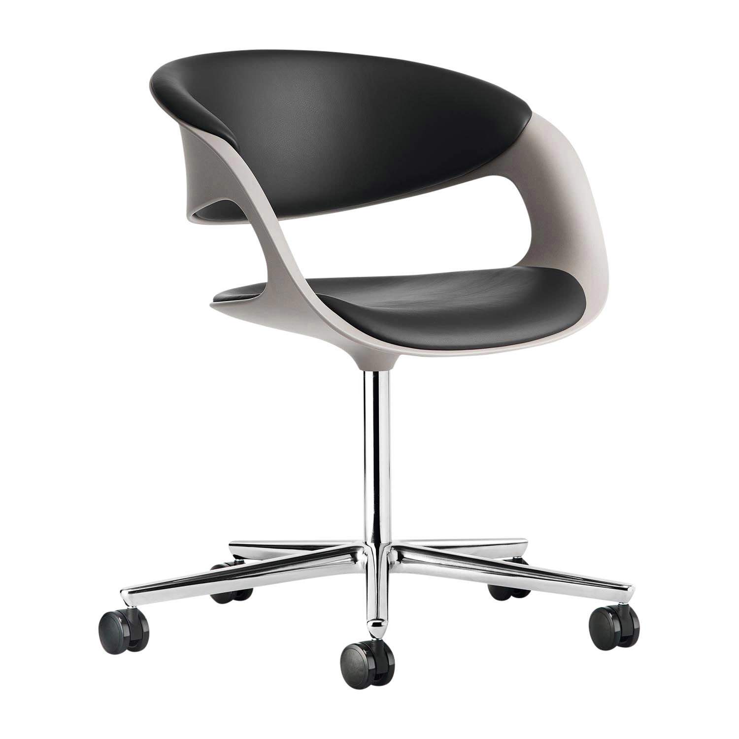 Lox Bürodrehstuhl, Rückenpad leder select blau 1301, Bezug leder select schwarz, Aussenschale greige matt, Untergestell hochglanz poliert, Rollen w... von Walter Knoll