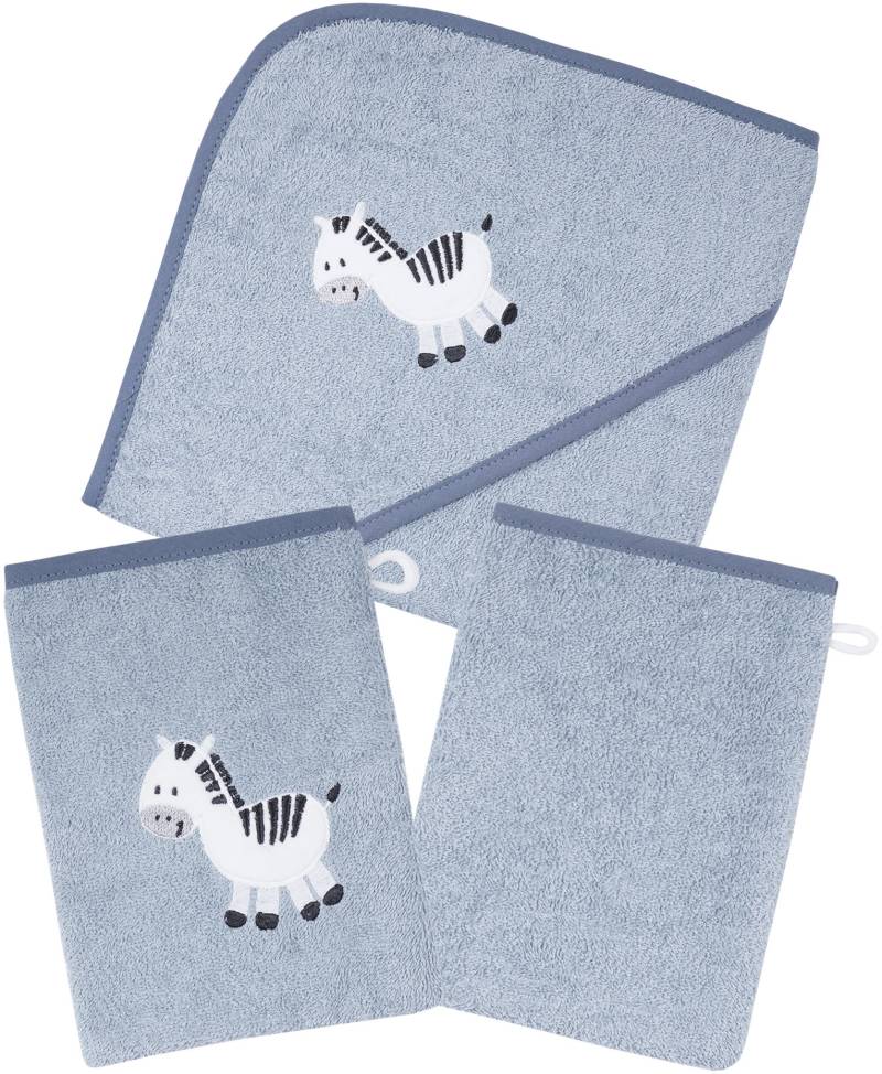 Wörner Handtuch Set »Zebra blau Kapuzenbadetuch mit 2 Waschhandschuhen«, (Spar-Set, 3 St., Kapuzenhandtuch 80 x 80 cm-2x Waschhandschuhe 15 x 21 cm), mit süsser Zebrastickerei von Wörner