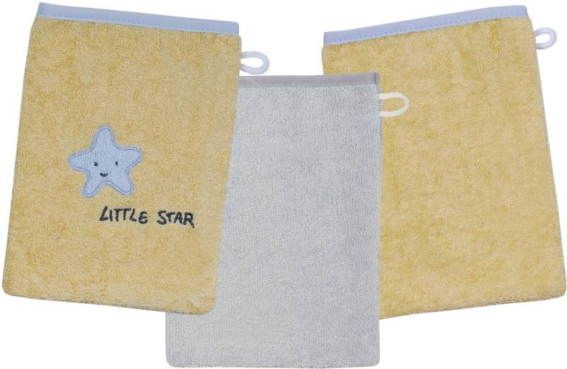 Wörner Waschhandschuh »Little Star Waschhandschuh 3er Set«, (3 St., Kapuzenhandtuch 80 x 80 cm-Waschhandschuhe 15 x 21 cm), 1x mit Stickerei Stern mit Schriftzug, 2x unifarben von Wörner