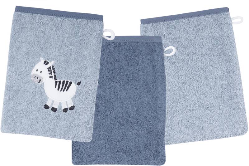 Wörner Waschhandschuh »Zebra blau Waschhandschuh 3er Set«, (3 St., 3er Set Waschhandschuhe 15 x 21 cm), 1x mit süsser Zebrastickerei, 2x unifarben von Wörner