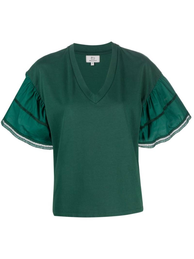 Woolrich ruffled-sleeve V-neck T-shirt - Green von Woolrich