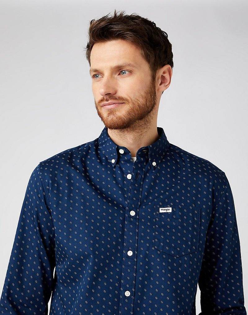 Langarm One Pocket Button Down Hemd Herren Dunkelblau L von Wrangler