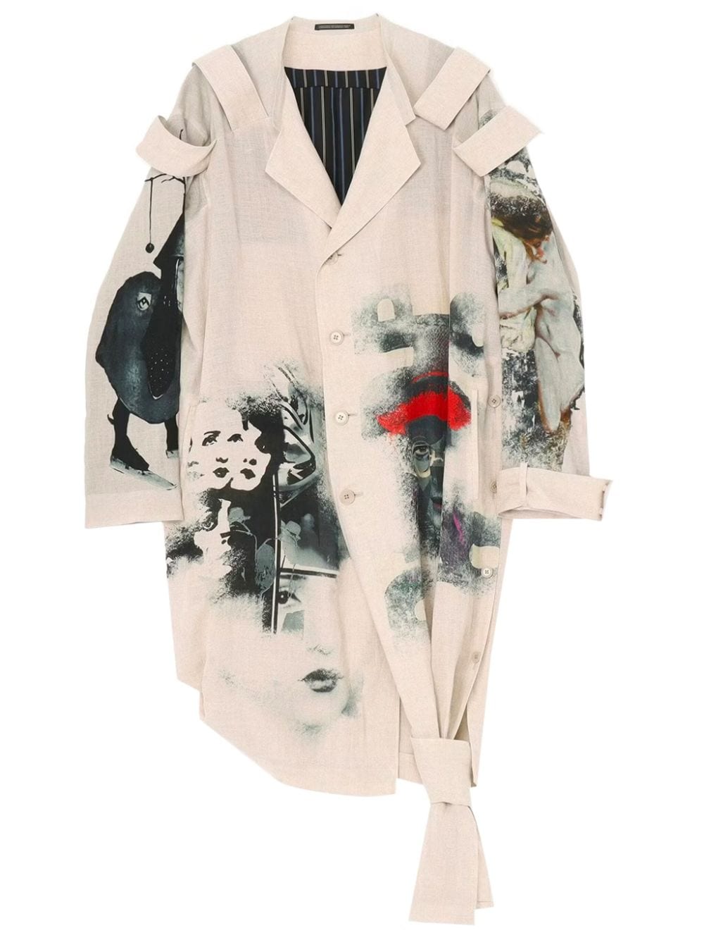 Yohji Yamamoto artistic-print epaulette-detail long jacket - Neutrals von Yohji Yamamoto