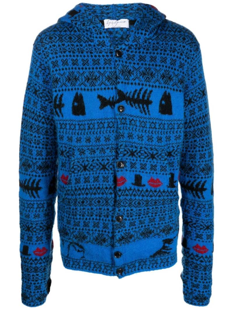 Yohji Yamamoto fair-isle hooded cardigan - Blue von Yohji Yamamoto