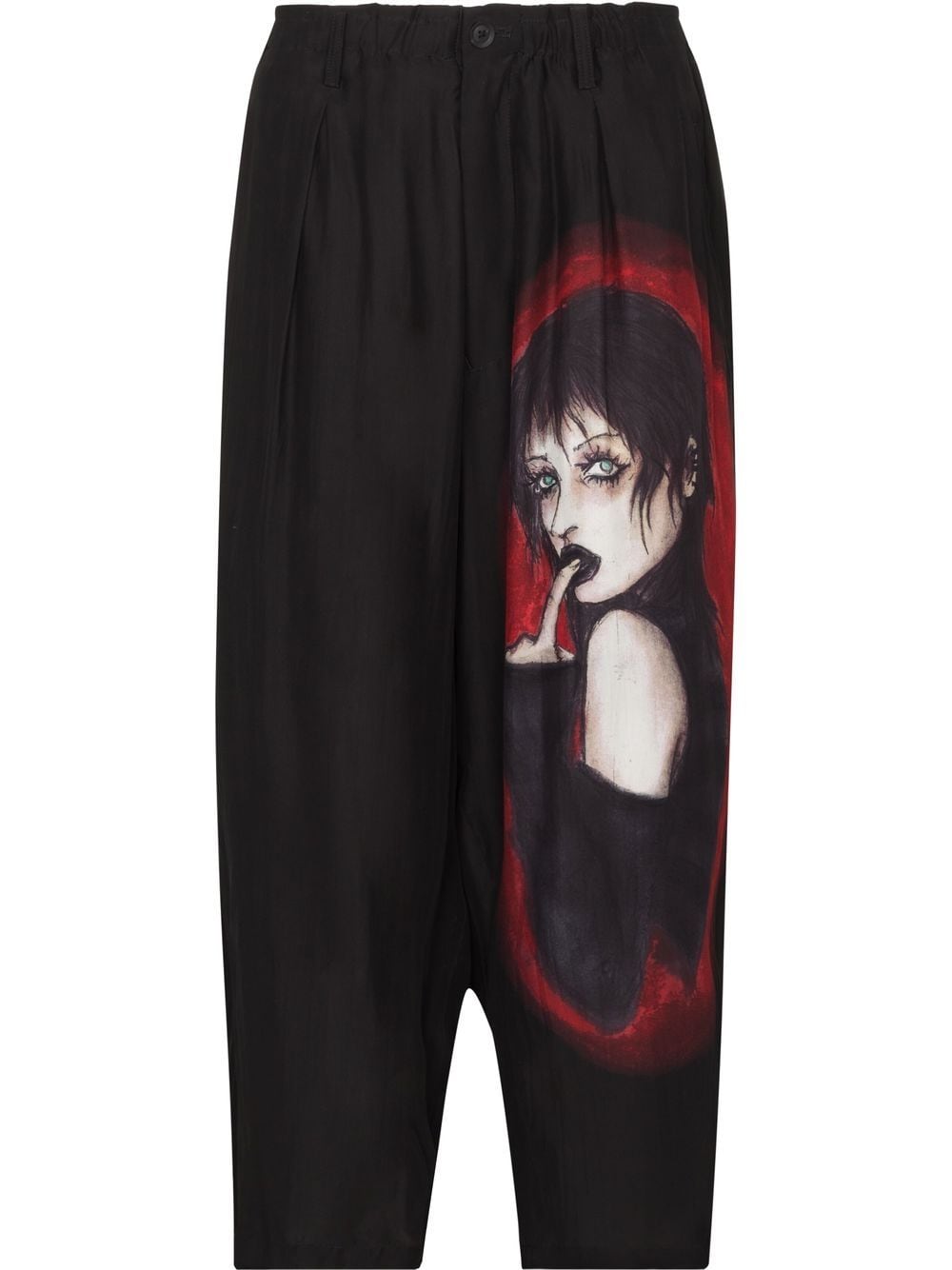 Yohji Yamamoto graphic-print cropped silk trousers - Black von Yohji Yamamoto