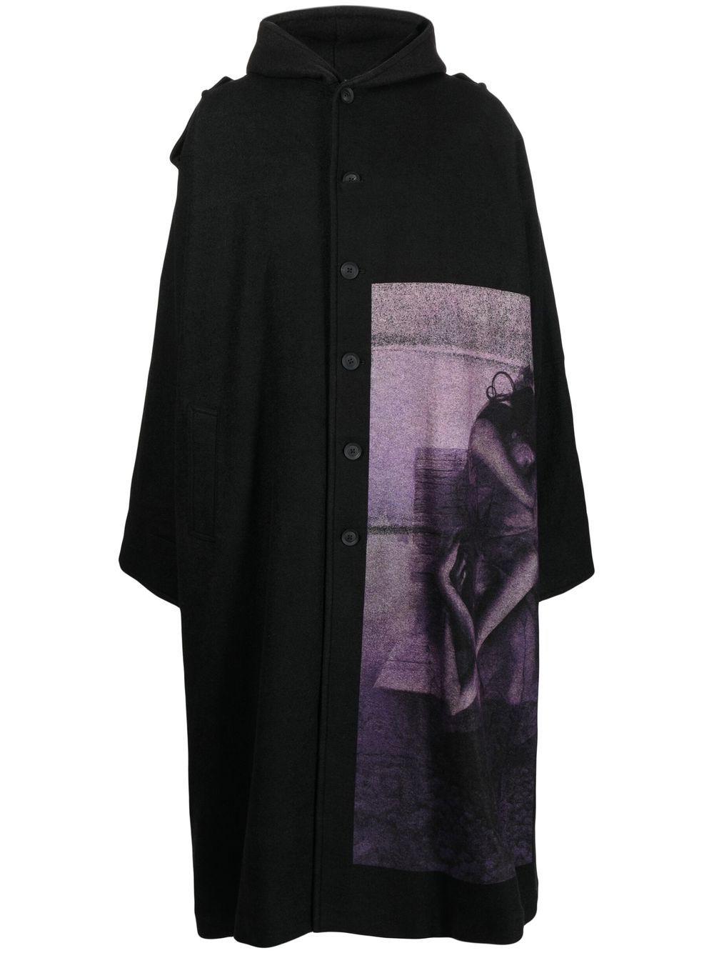 Yohji Yamamoto graphic-print hooded coat - Black von Yohji Yamamoto