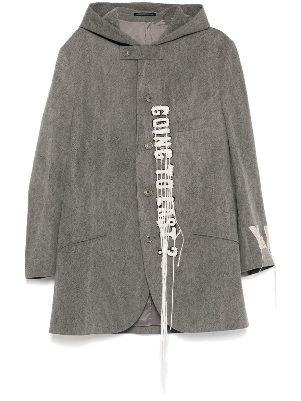 Yohji Yamamoto logo-print wool hooded jacket - Grey von Yohji Yamamoto