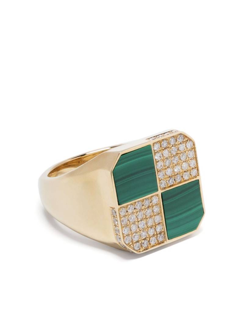 Yvonne Léon 9kt yellow gold Petit Damier diamond and malachite signet ring von Yvonne Léon