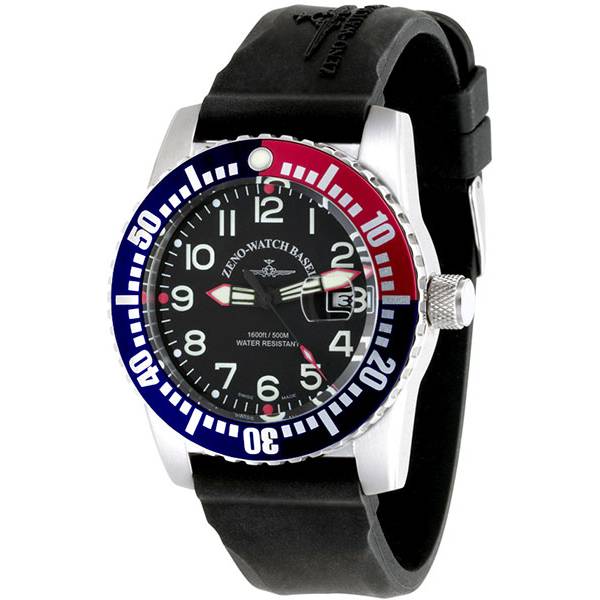 ZENO-WATCH BASEL, Airplane Diver, XL Taucheruhr Quartz, blau-rot von ZENO WATCH BASEL