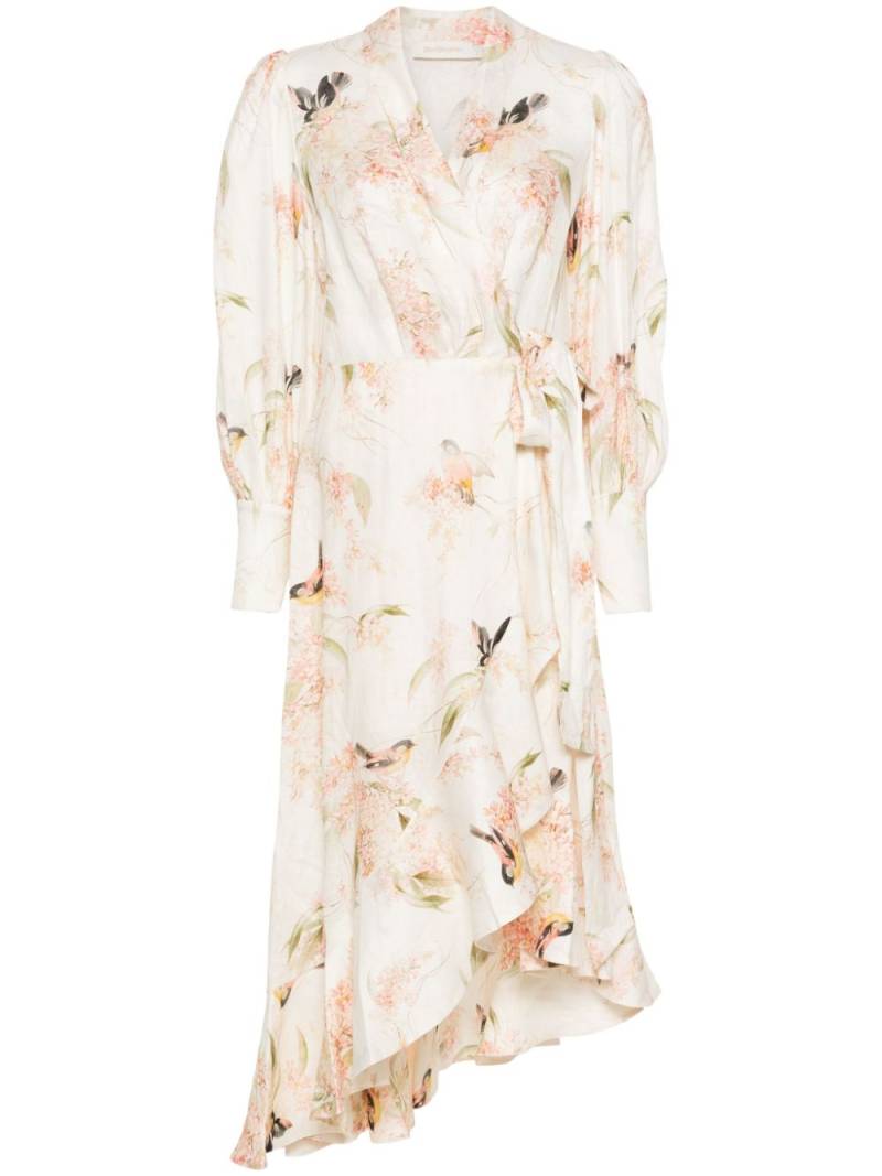 ZIMMERMANN Coral Birds-print wrap midi dress - Pink von ZIMMERMANN